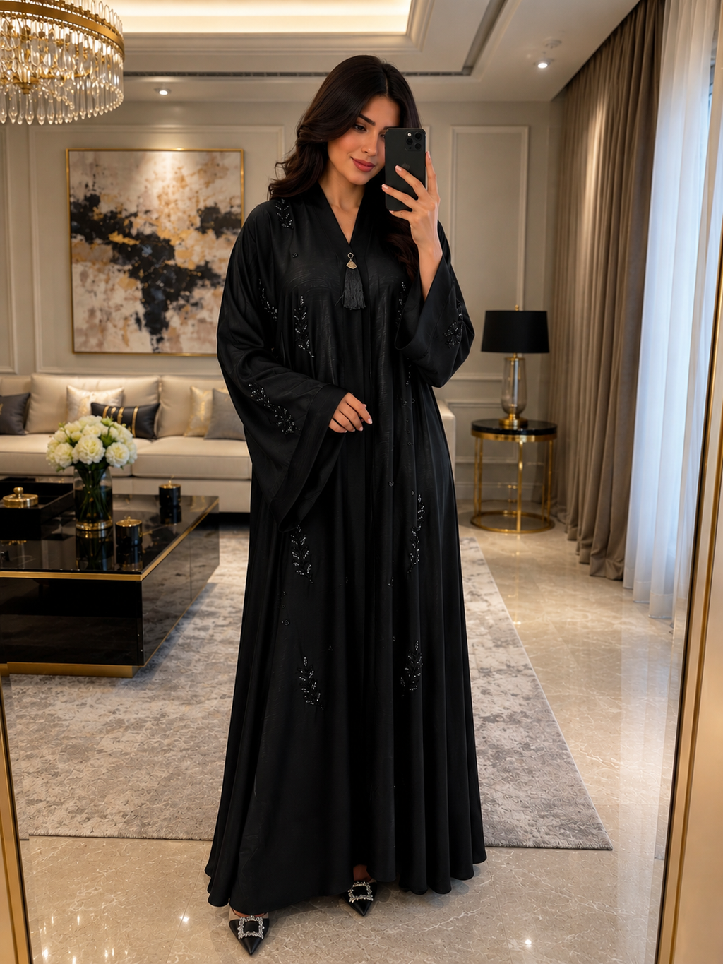 Enchanting Floral-Embroidered Black Abaya