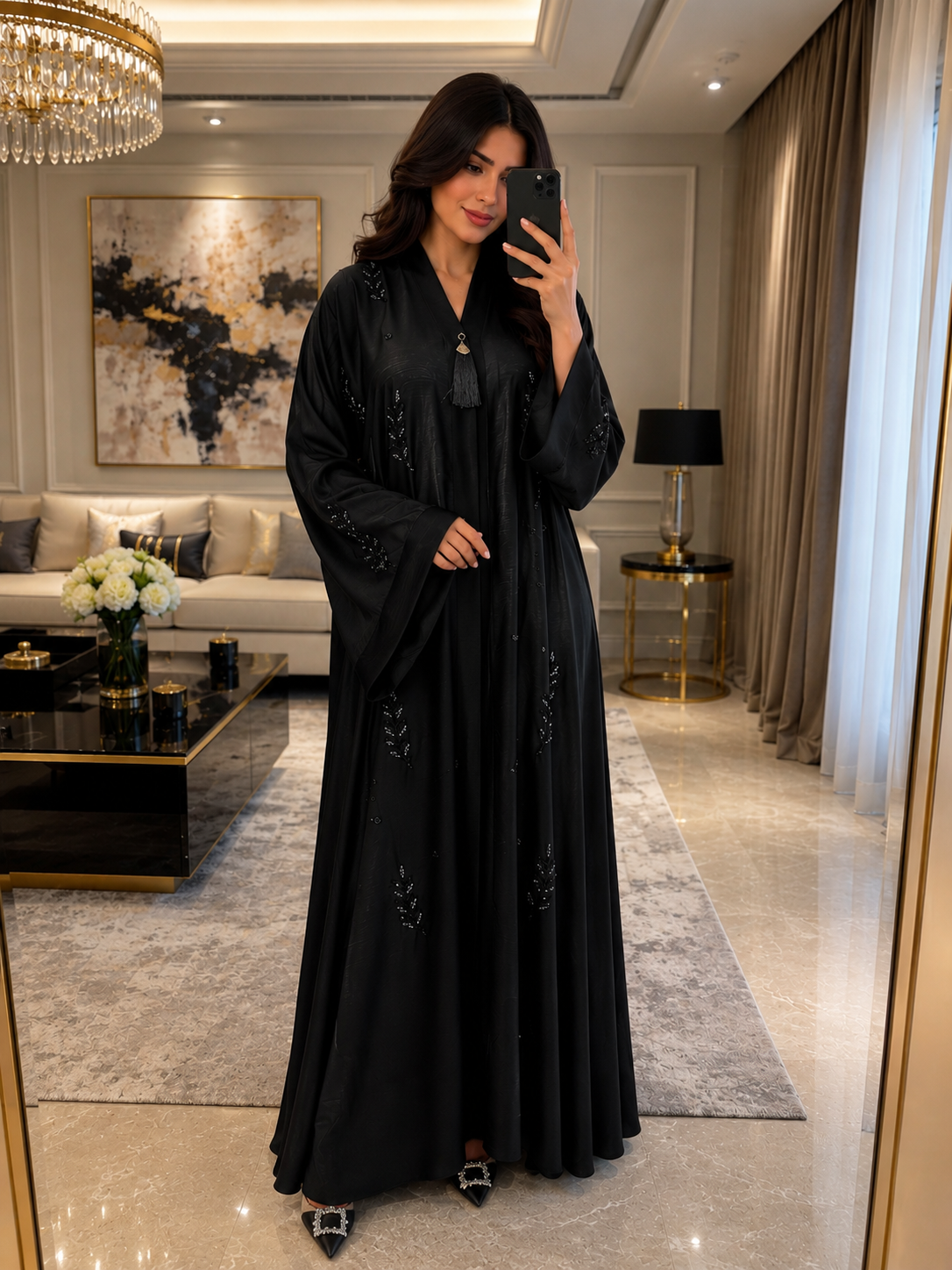Enchanting Floral-Embroidered Black Abaya