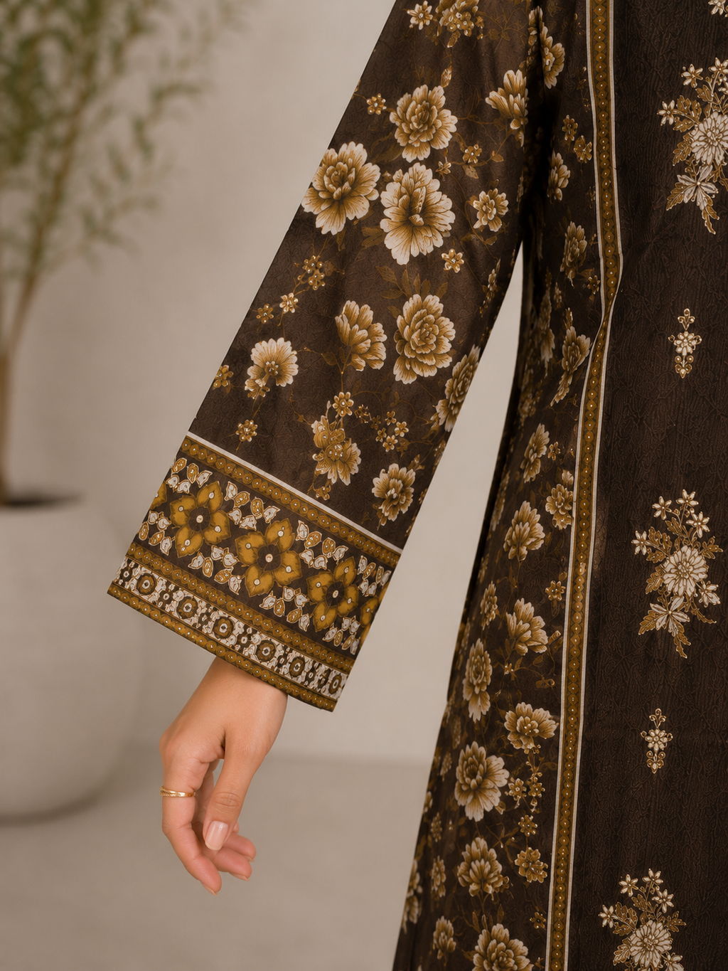 Brown Floral Embroidered 3 Piece Suit