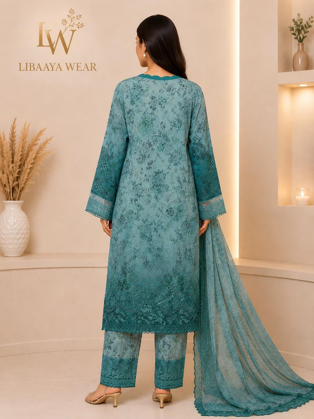 Aqua & Teal Floral Embroidered 3-Piece Stitched Suit