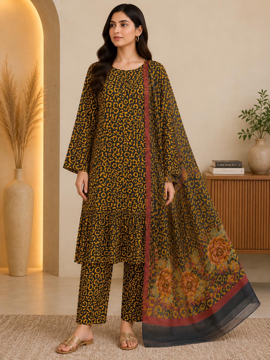 Mustard & Olive Animal Print 3-Piece Stitched Suit