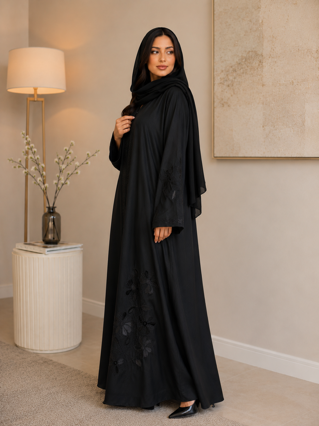 Floral Bloom Embellished Black Abaya