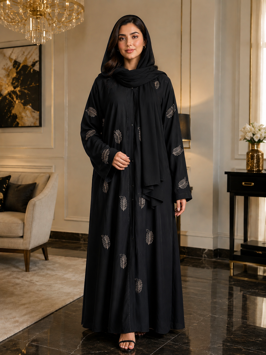 Golden Leaf Embellished Black Abaya