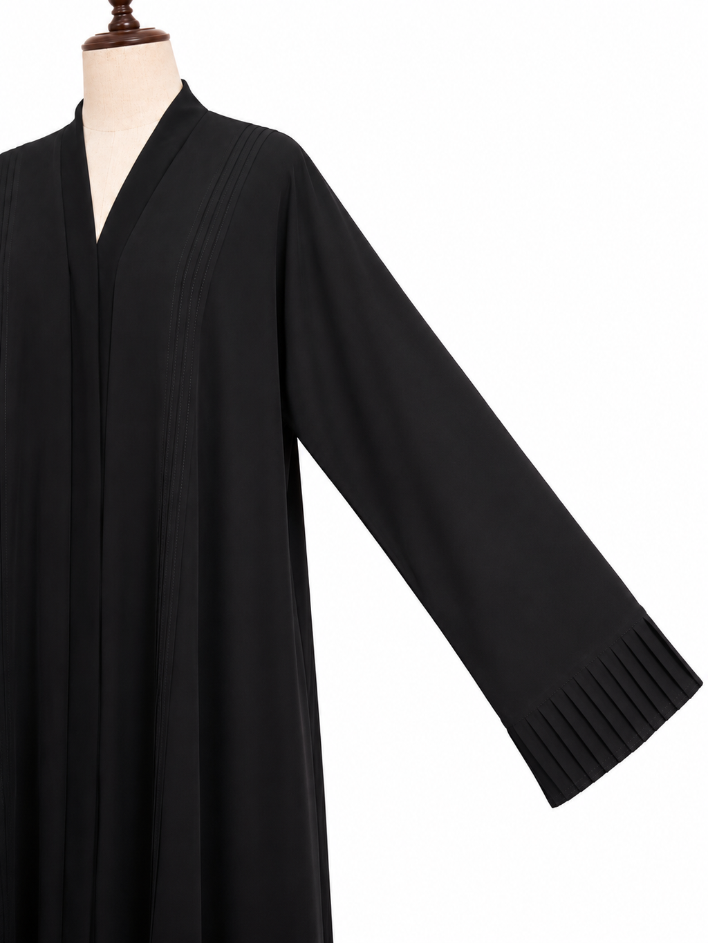 Black Open Front Abaya – Pleated Sleeve Cuff Design