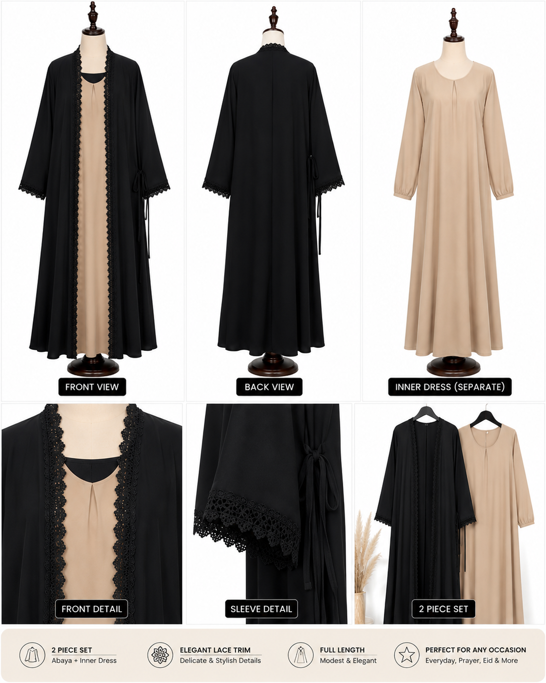 2 Piece Open Front Abaya Set – Black Abaya with Cream Inner Dress