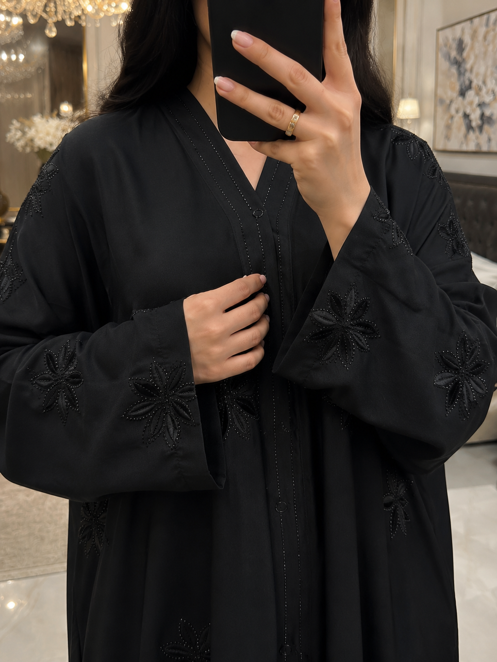 Starry Bloom Embellished Black Abaya