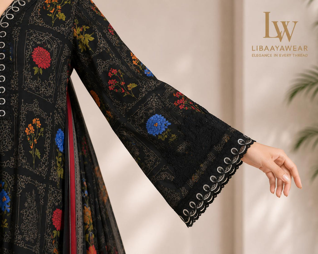 Midnight Black Floral Box-Print 3-Piece Stitched Suit