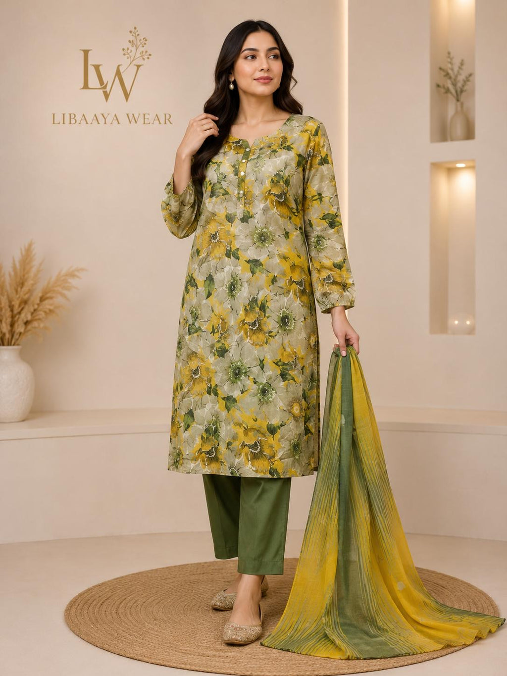 Mustard & Olive Floral Printed 3-Piece Stitched Suit