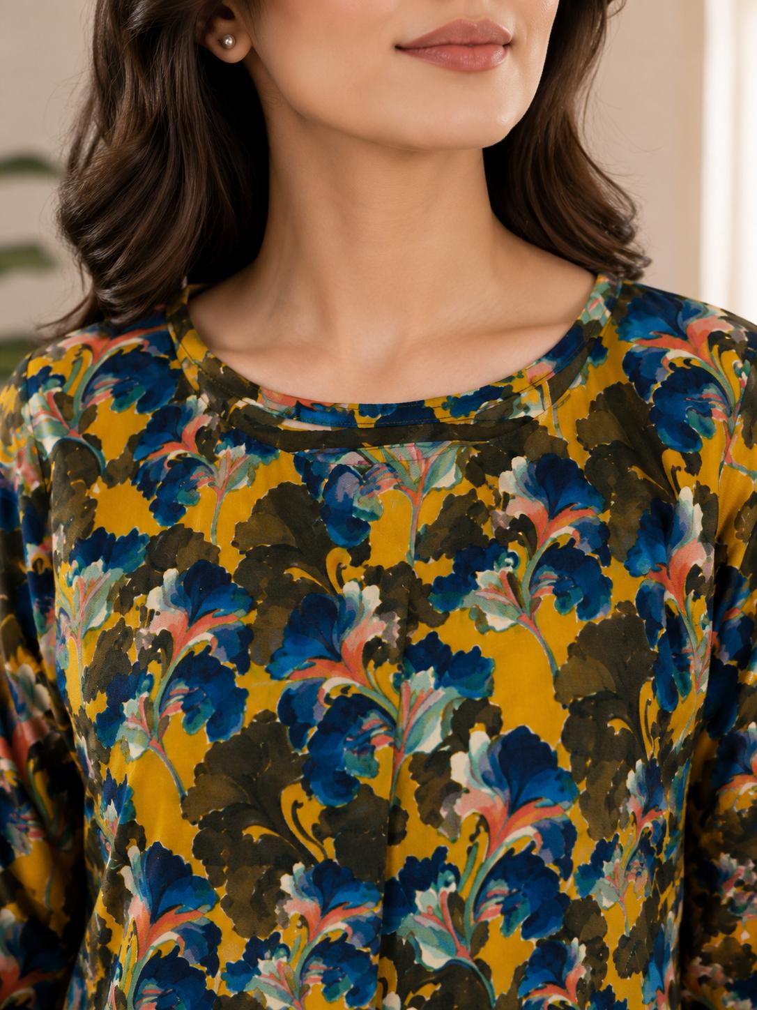 Mustard Floral 2-Piece Stitched Suit