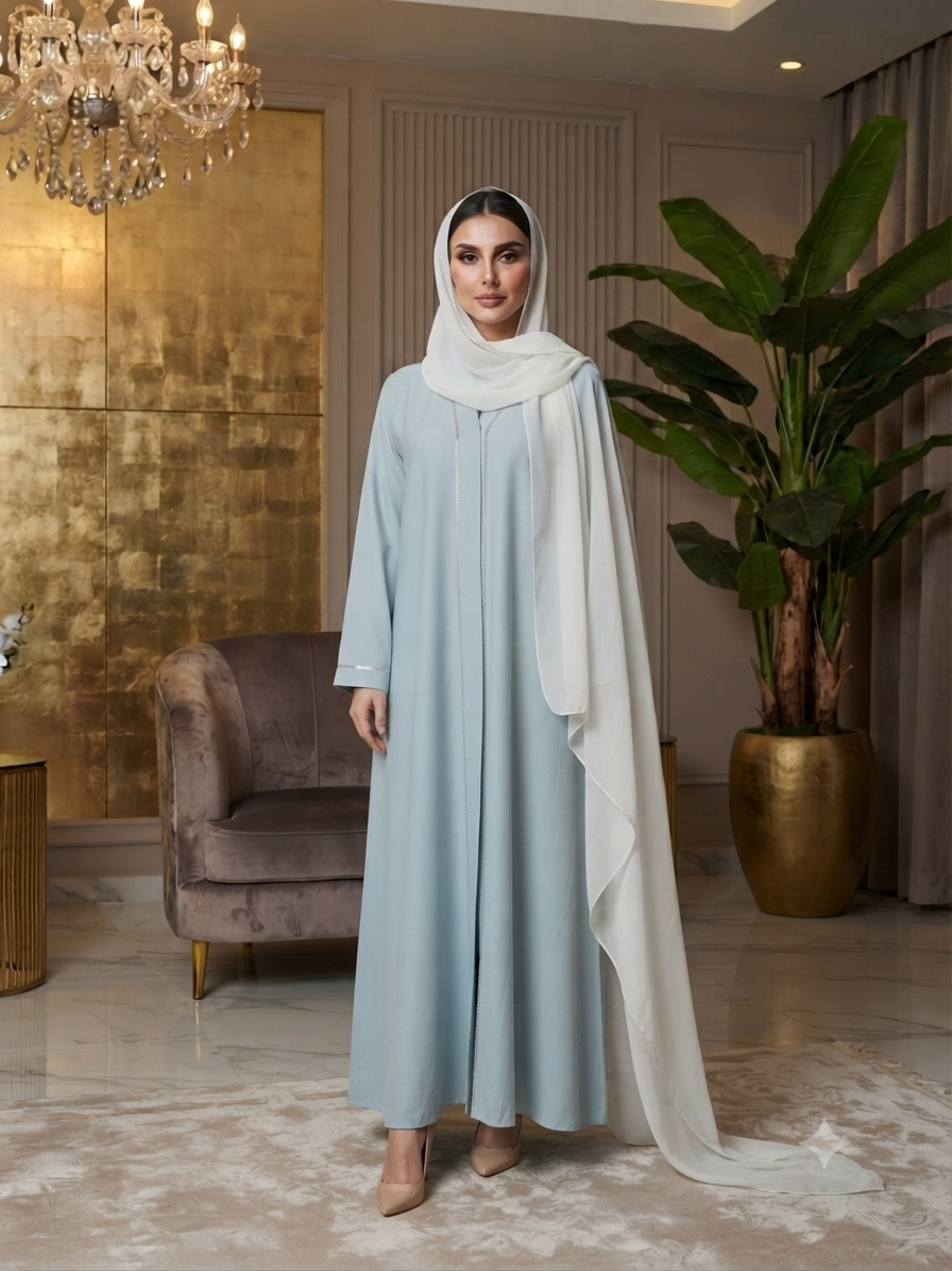 Pastel Blue Minimalist Abaya with Delicate Trim