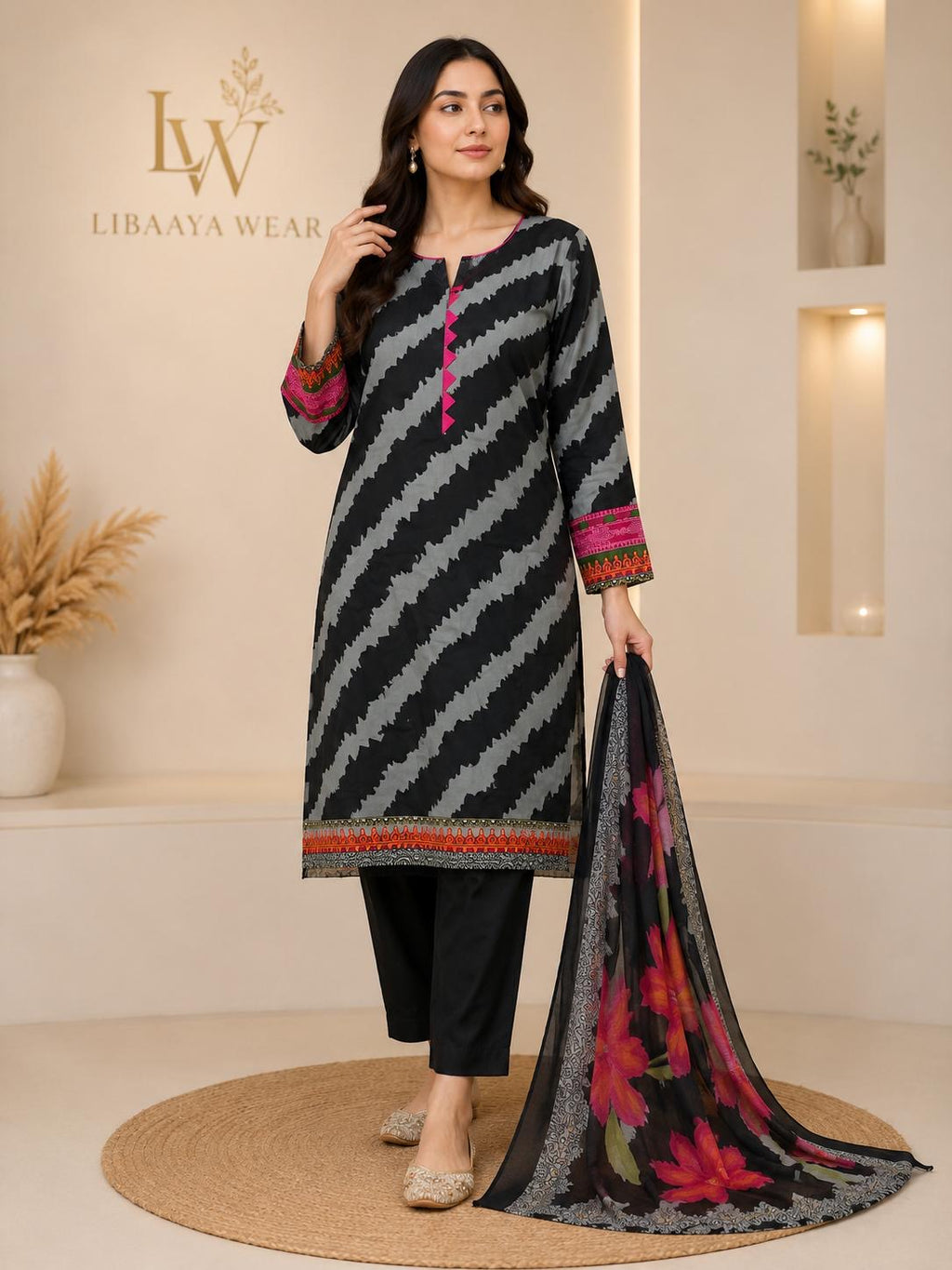 Black & Grey Zigzag Printed 3-Piece Stitched Suit
