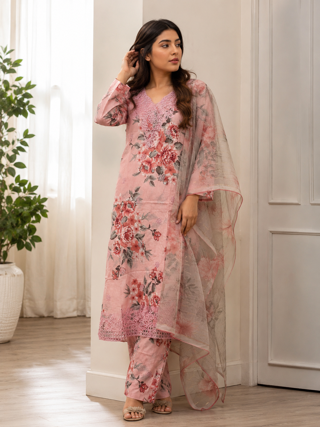 Elegant Pink Floral 3-Piece Lawn Suit 🌸
