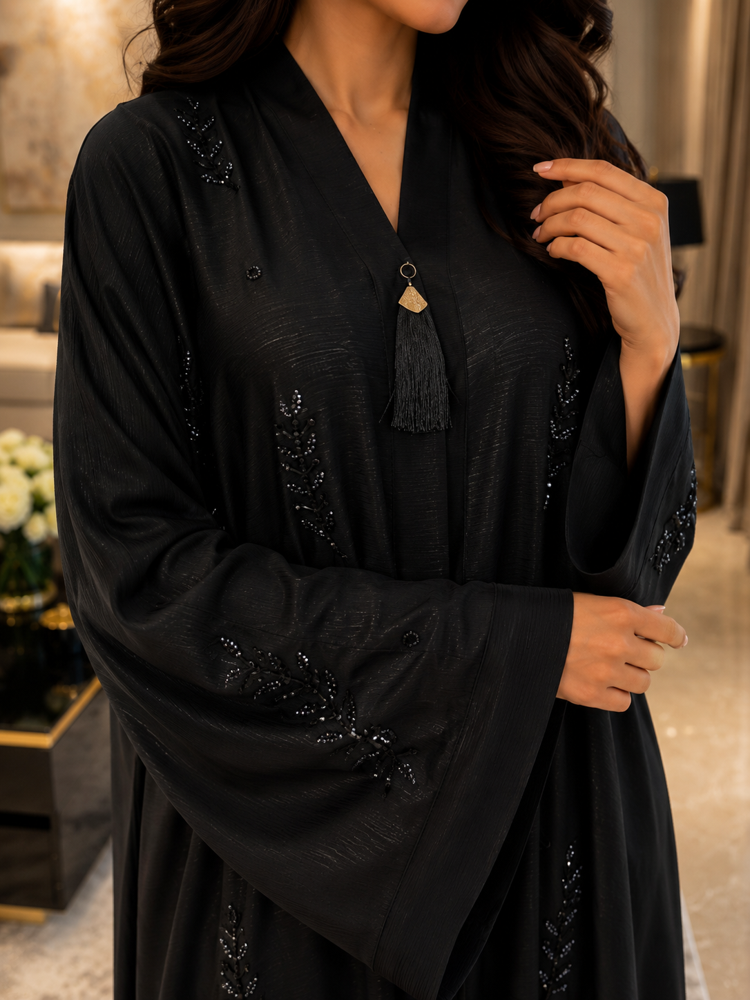 Enchanting Floral-Embroidered Black Abaya