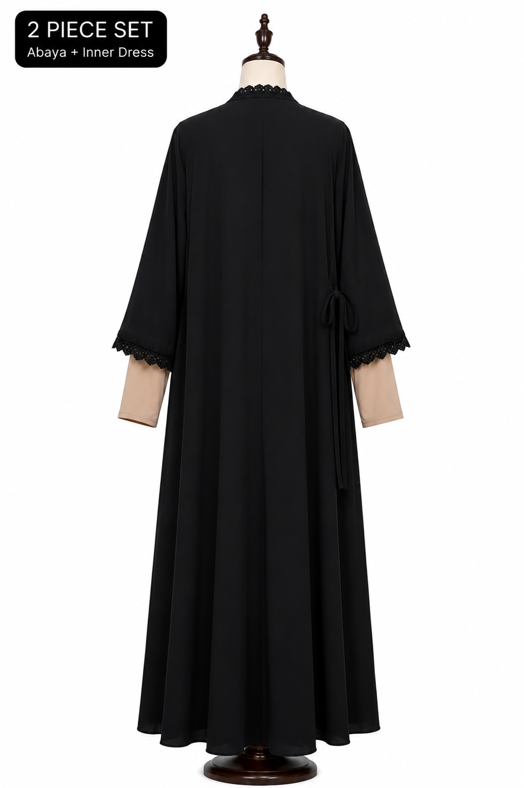 2 Piece Open Front Abaya Set – Black Abaya with Cream Inner Dress