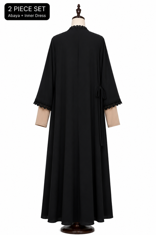 2 Piece Open Front Abaya Set – Black Abaya with Cream Inner Dress