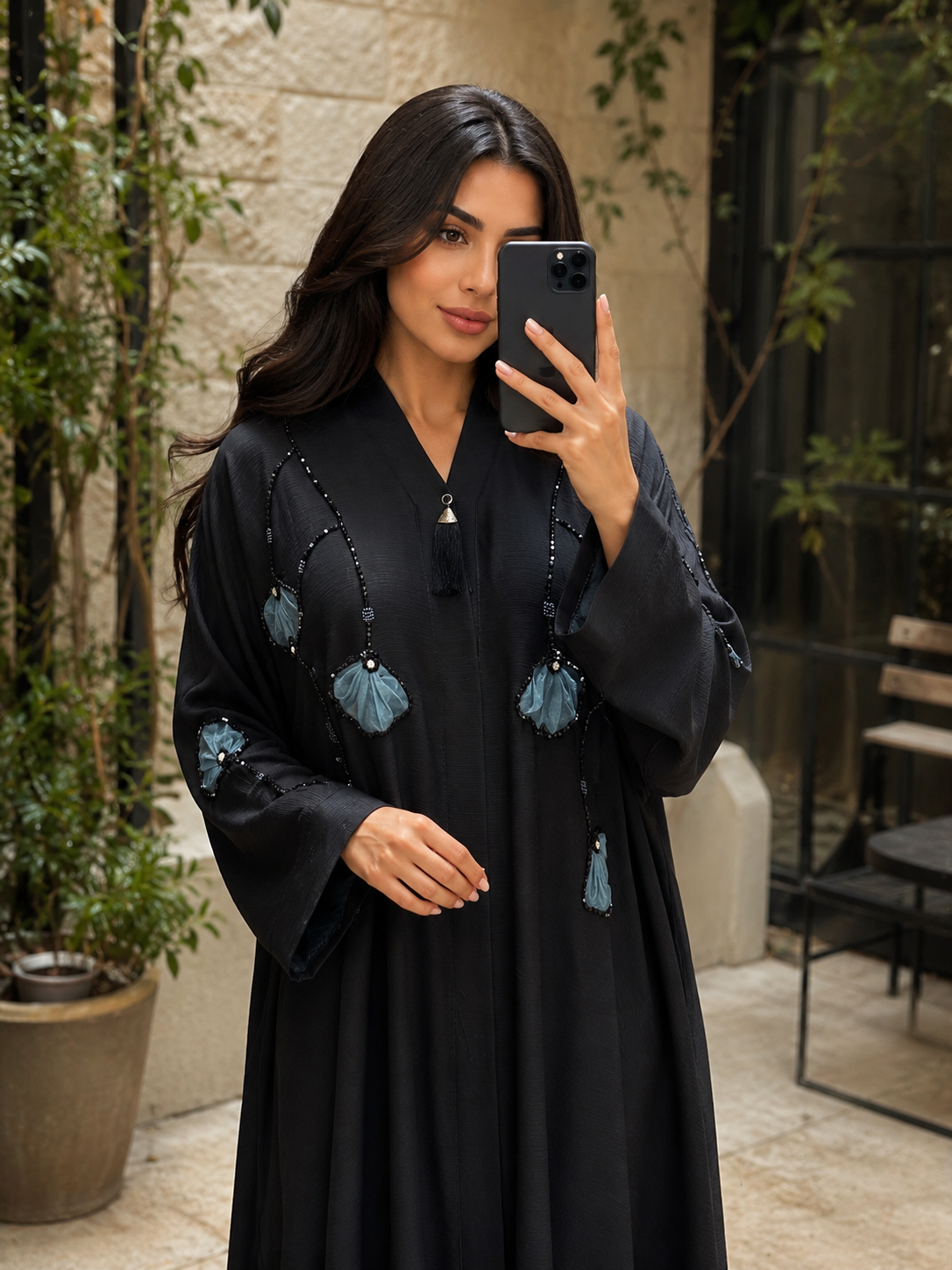 Enchanting Teal-Embellished Black Abaya