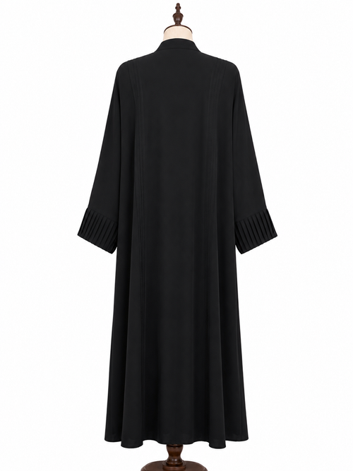 Black Open Front Abaya – Pleated Sleeve Cuff Design
