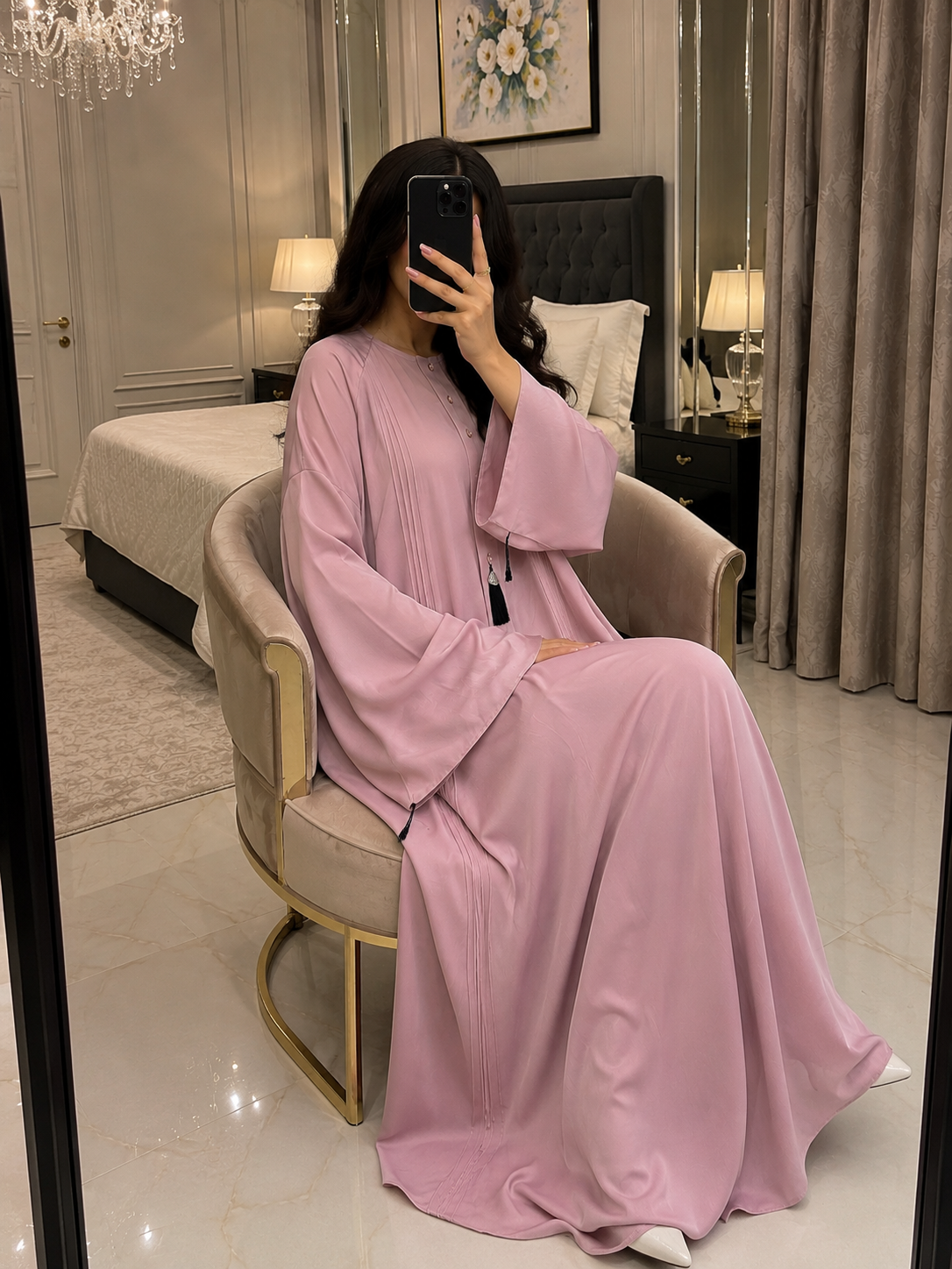 Pleated Pastel Pink Abaya with Tassel Accents