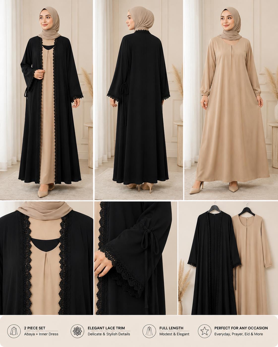 Scallop Trim Front Open Abaya Set – Black & Cream