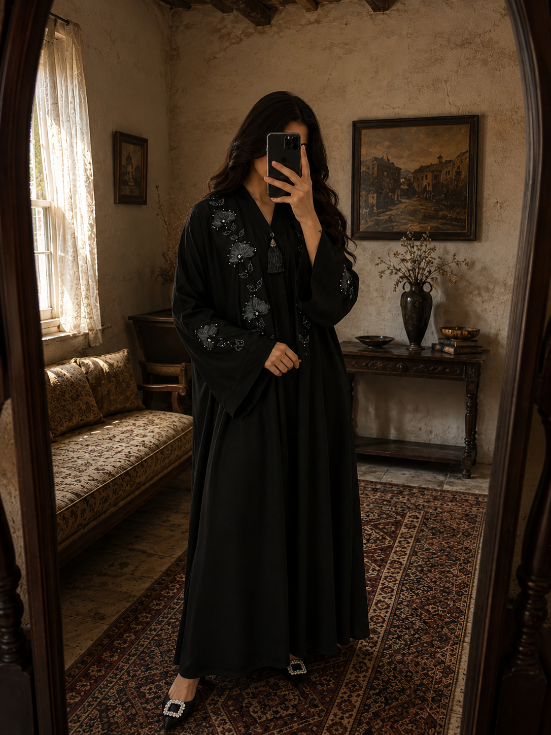 Artisan Tissue-Floral Black Abaya