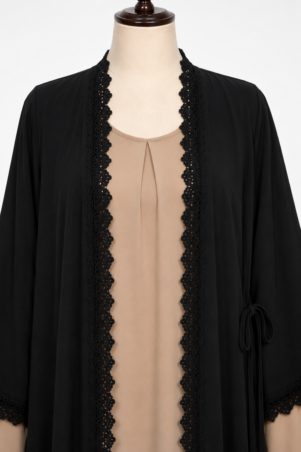 2 Piece Open Front Abaya Set – Black Abaya with Cream Inner Dress