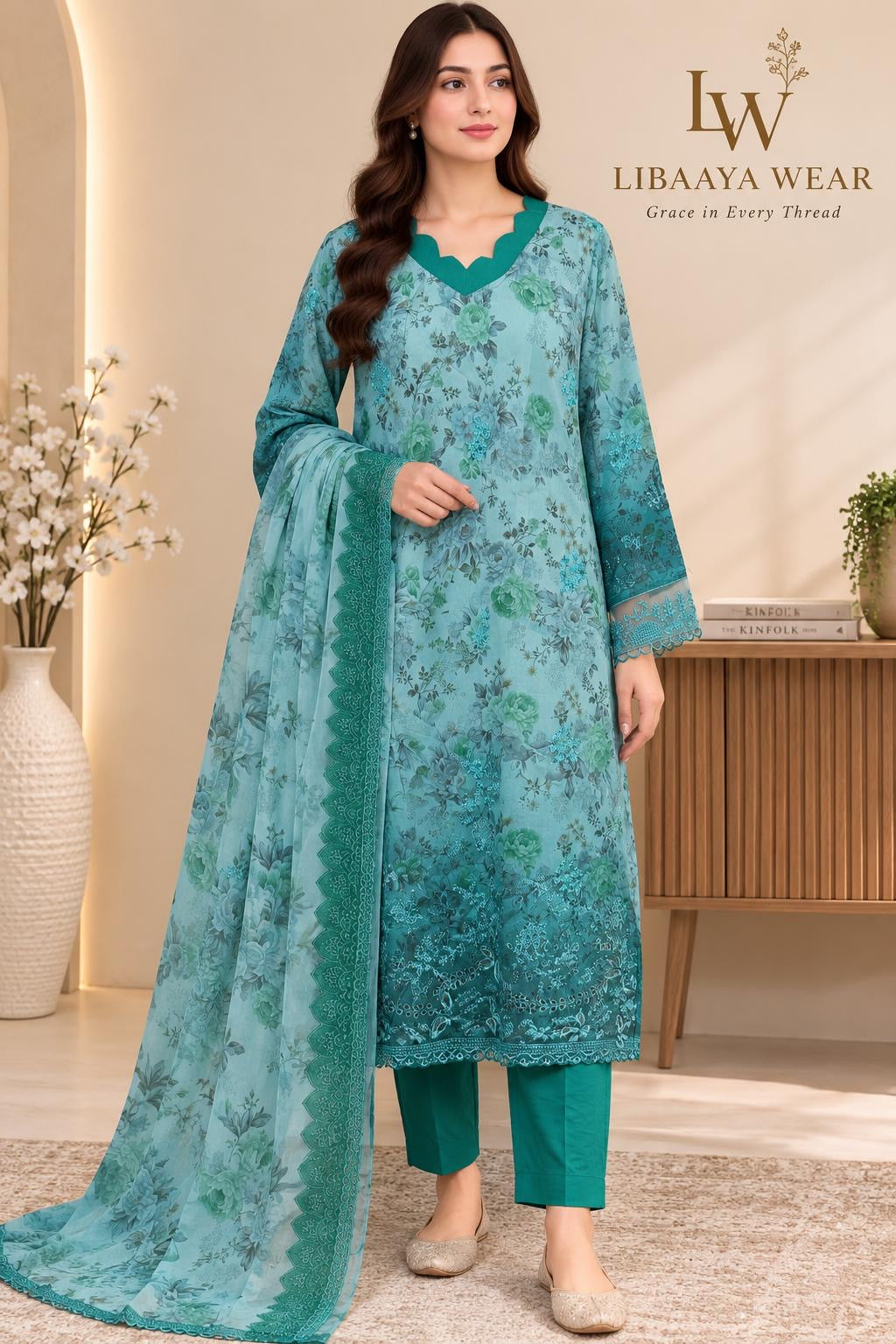 Aqua & Teal Floral Embroidered 3-Piece Stitched Suit