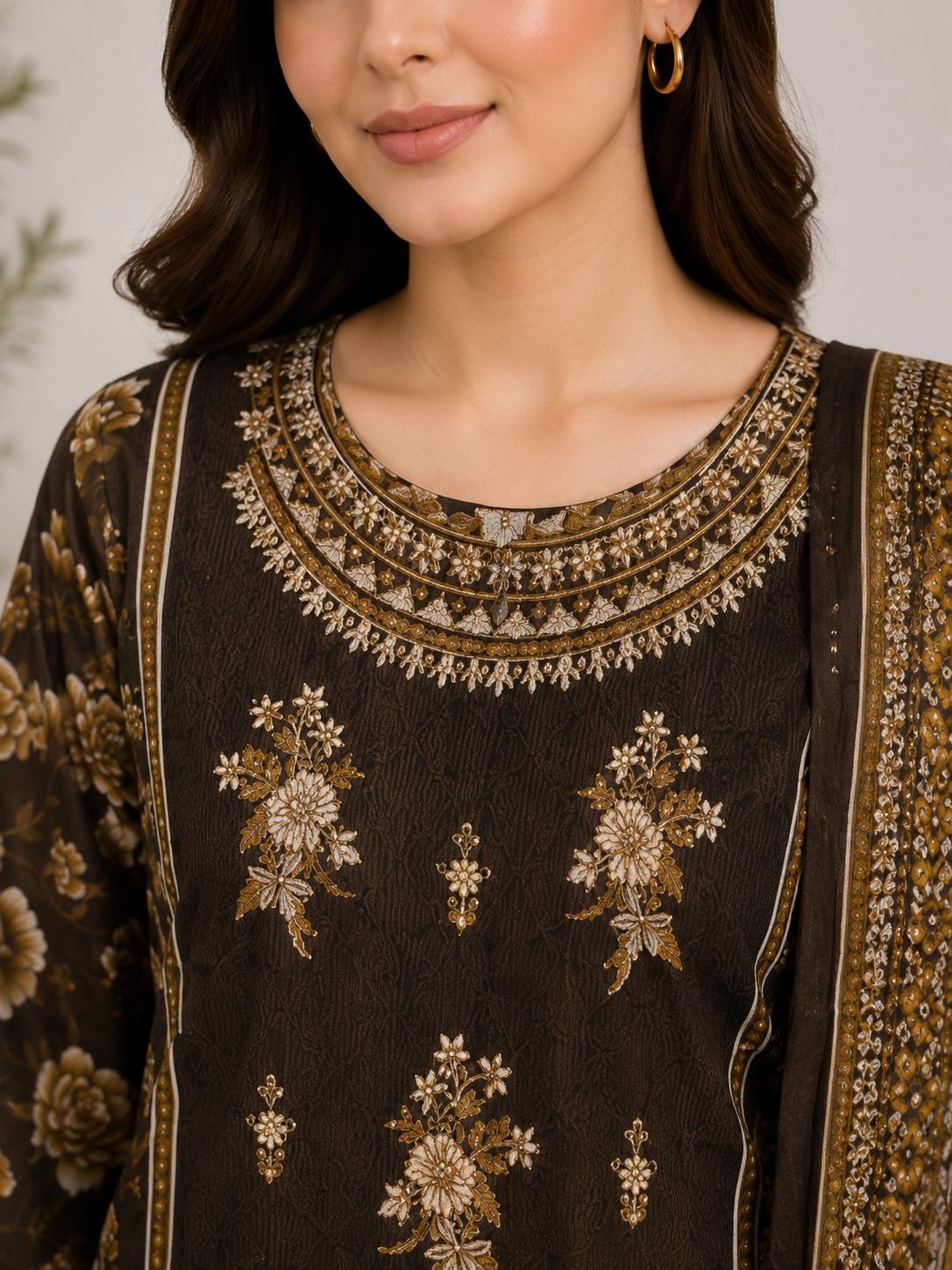 Chocolate Brown Floral Printed 3-Piece Stitched Suit
