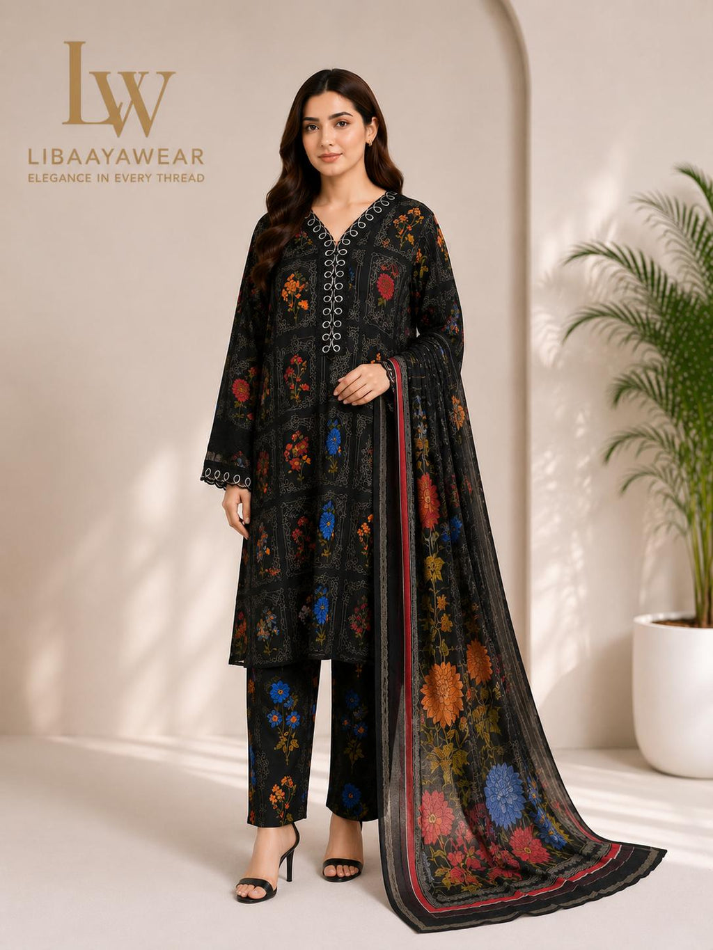 Midnight Black Floral Box-Print 3-Piece Stitched Suit