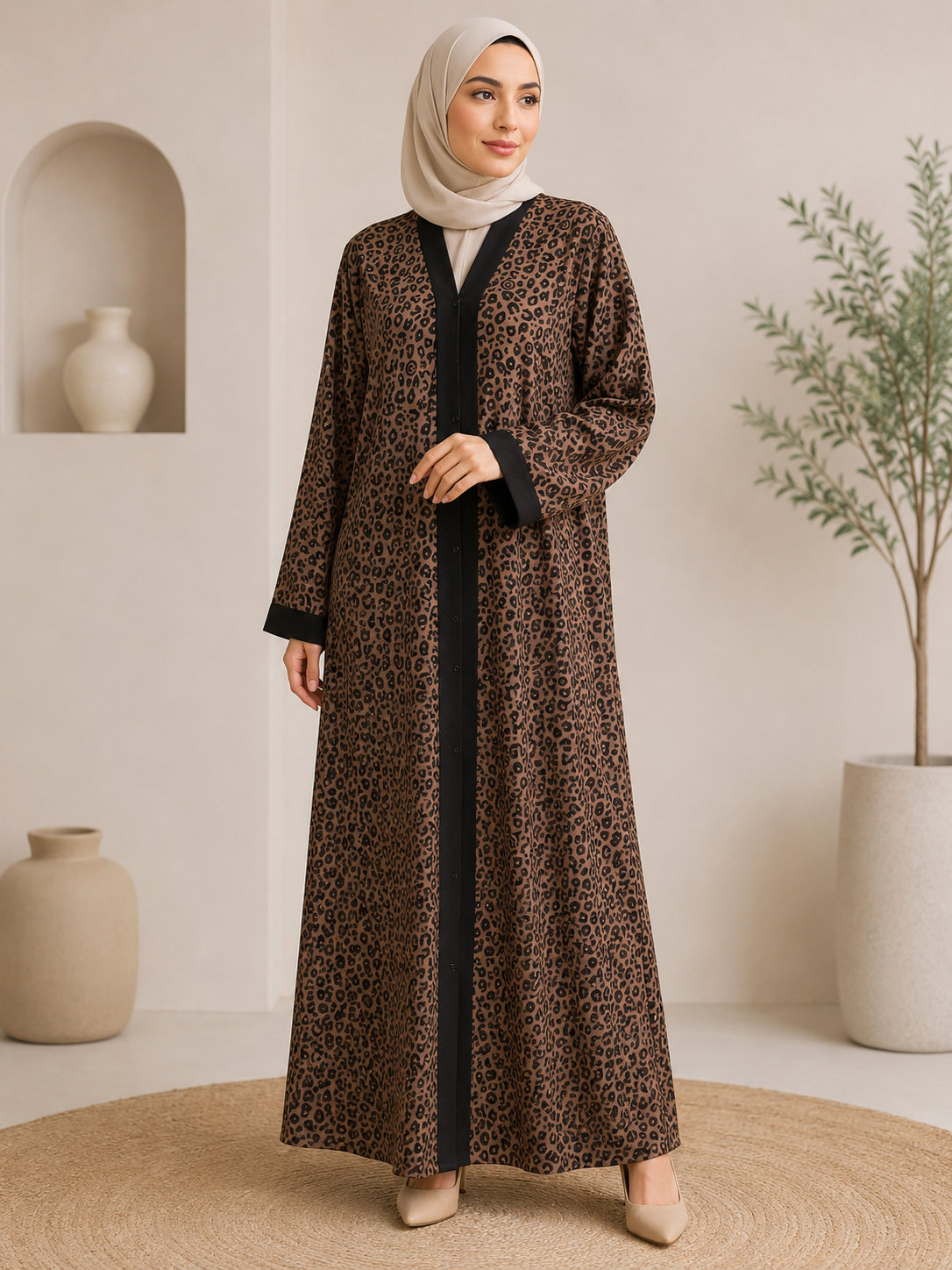 Sale! Leopard Print Zipper-Front Abaya