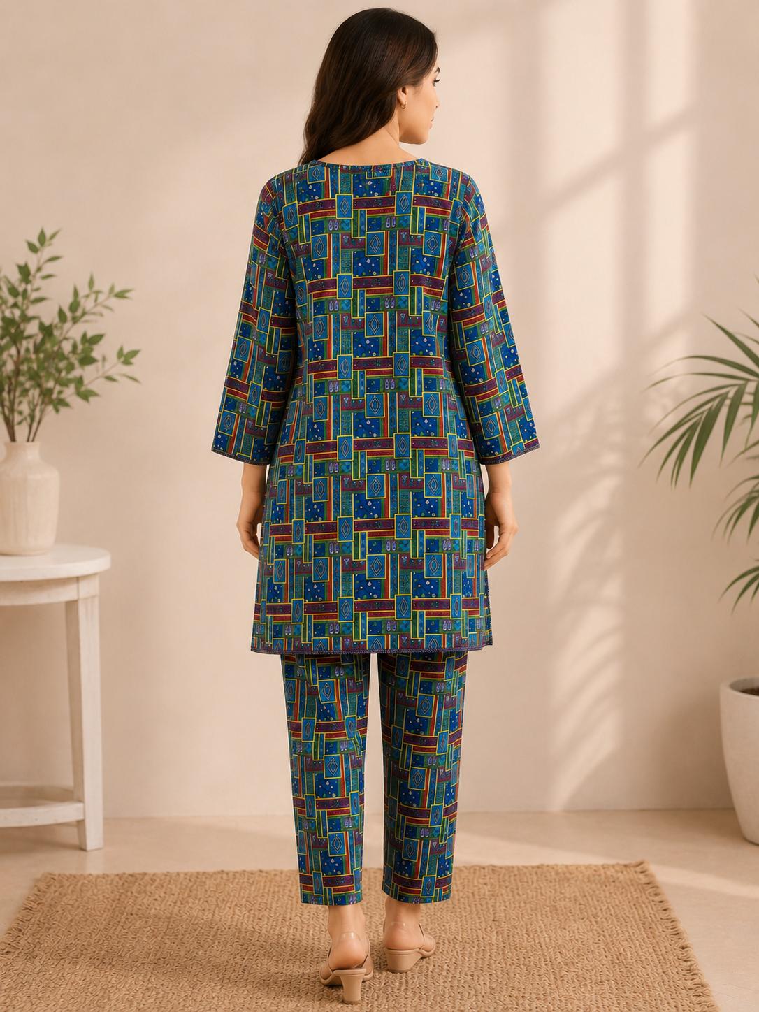 Royal Blue Geometric Abstract 2-Piece Stitched Suit