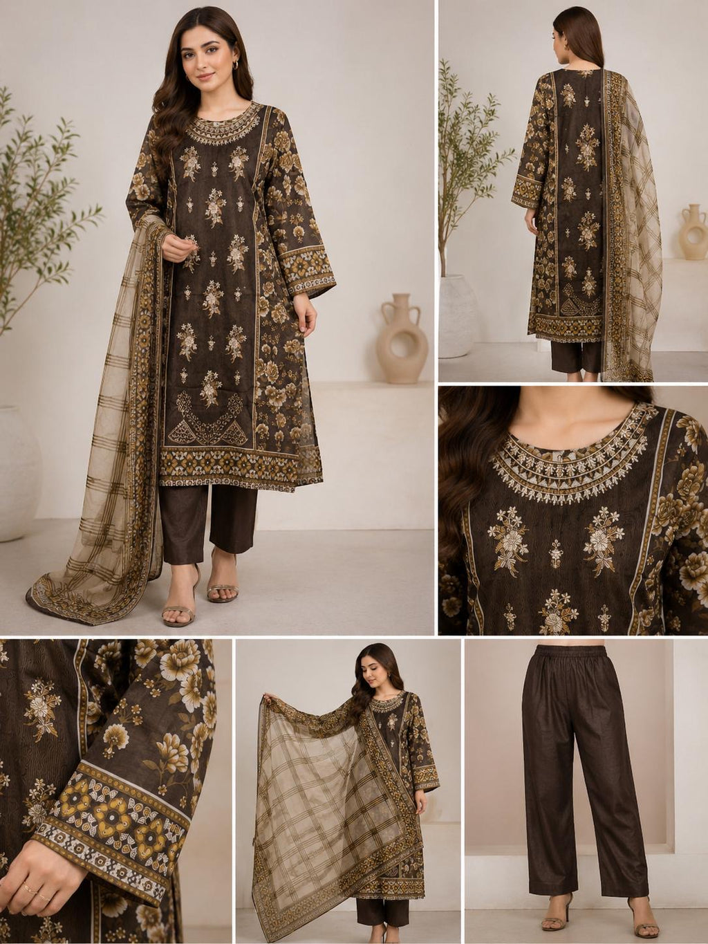 Chocolate Brown Floral Printed 3-Piece Stitched Suit
