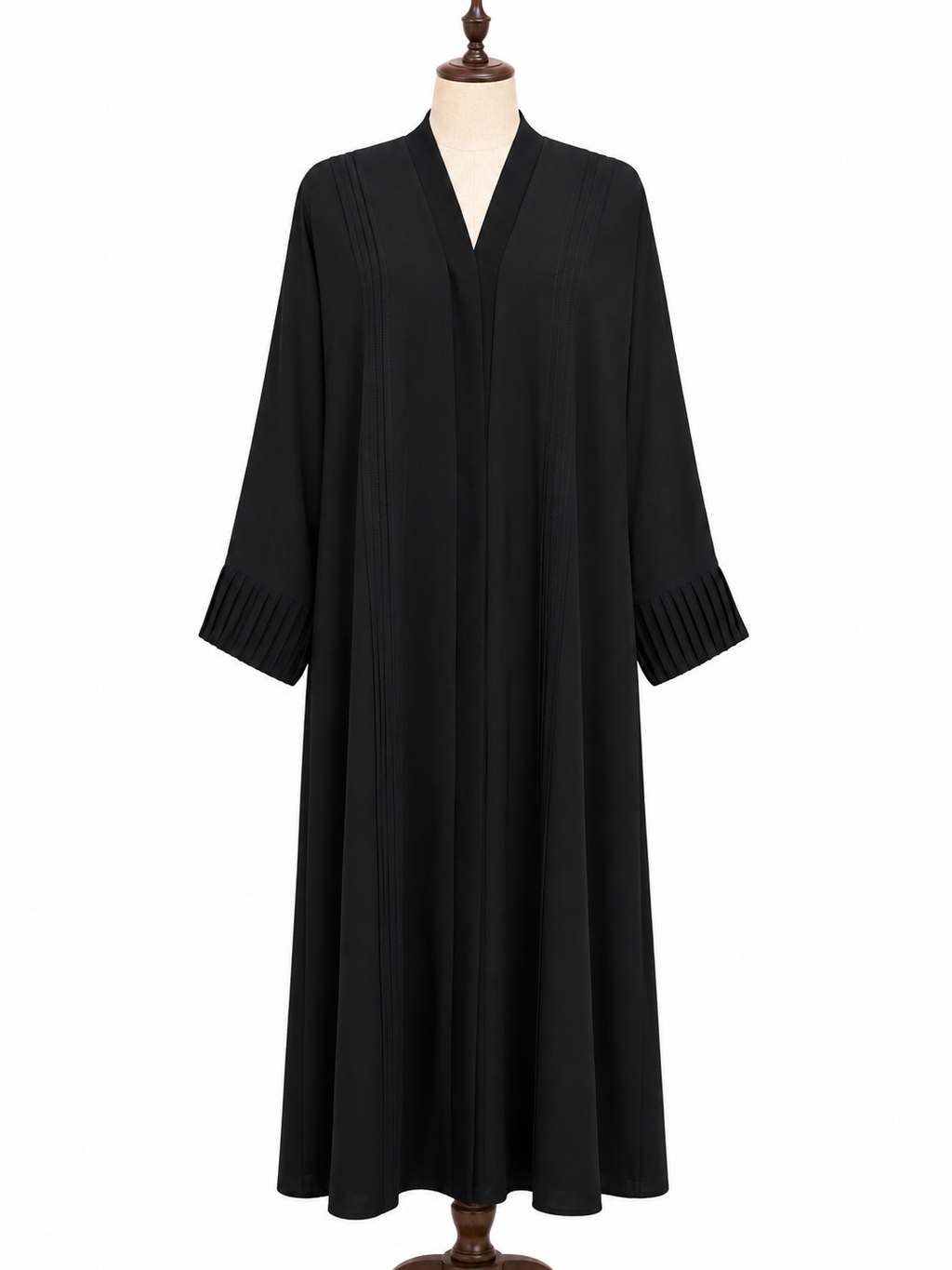 Black Open Front Abaya – Pleated Sleeve Cuff Design