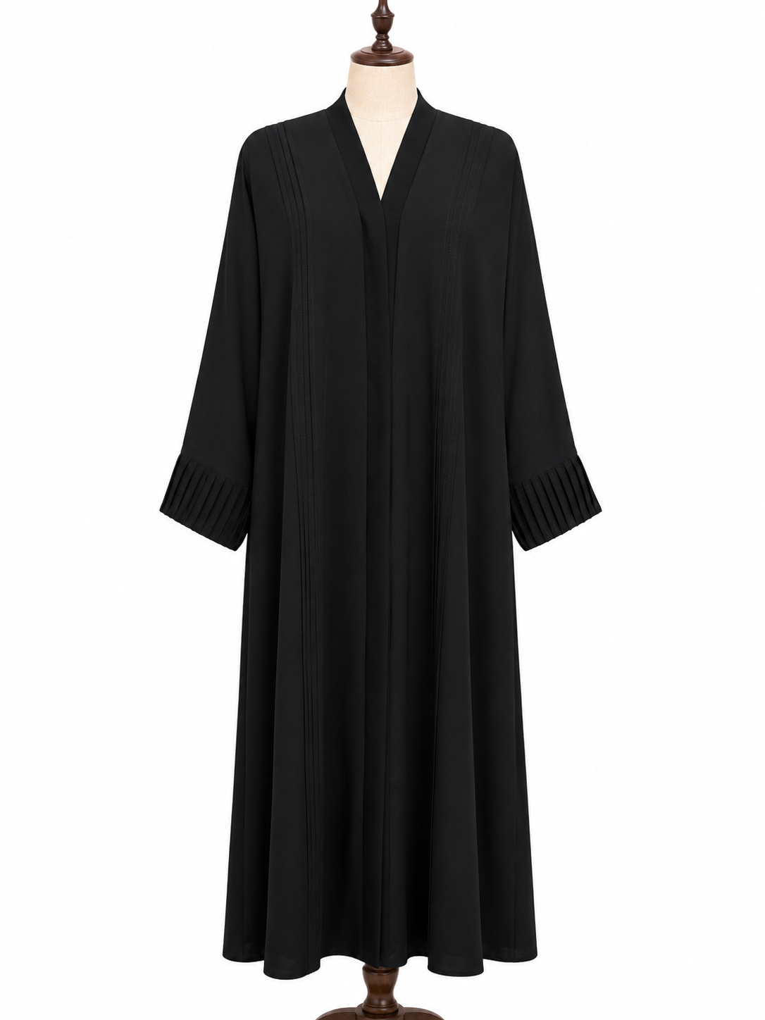 Black Open Front Abaya – Pleated Sleeve Cuff Design
