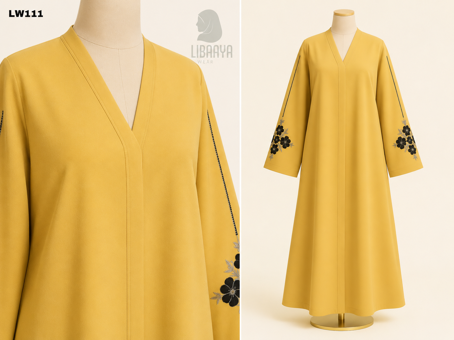 Mustard Floral Sleeve Embroidered Abaya