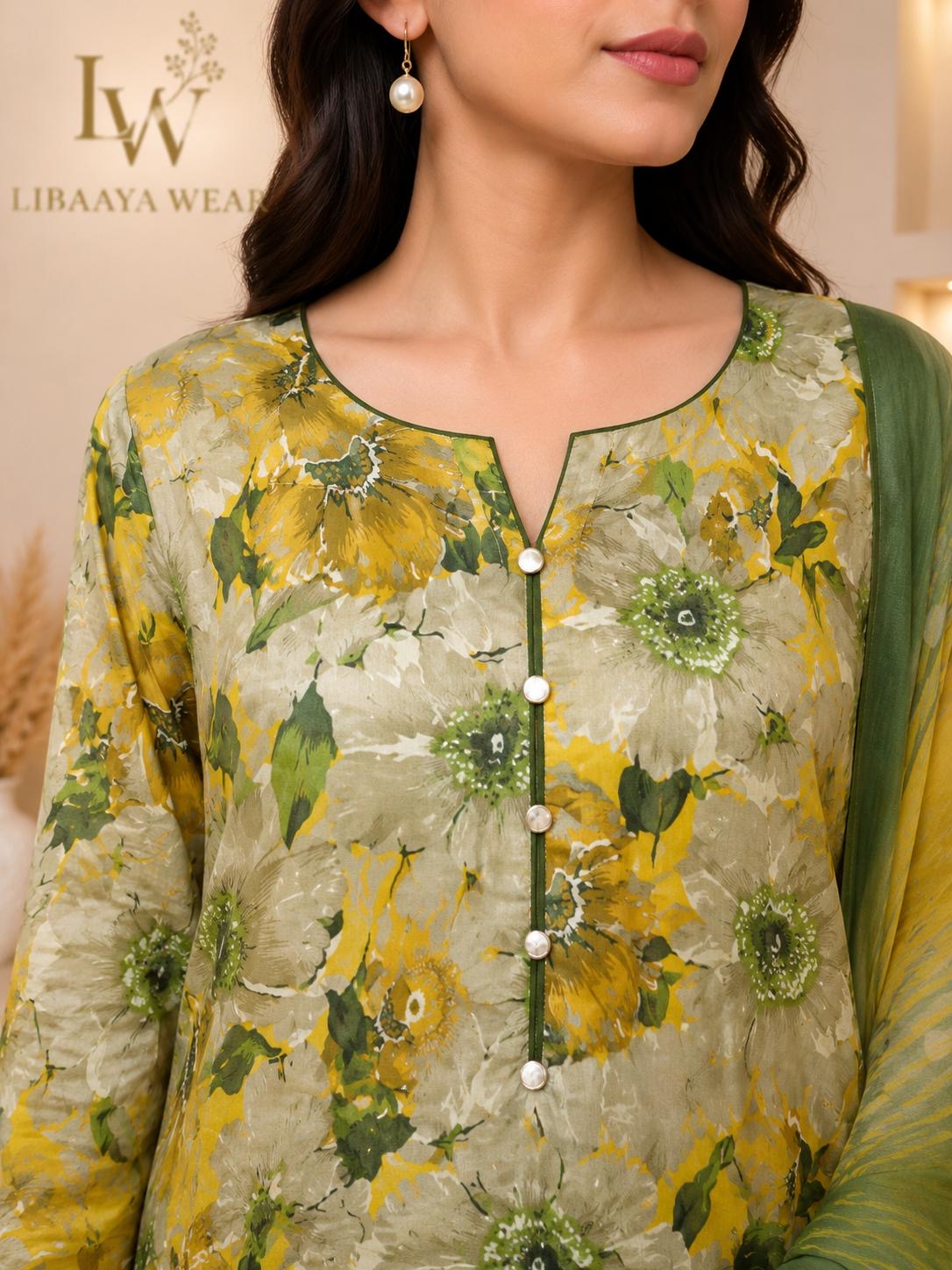 Mustard & Olive Floral Printed 3-Piece Stitched Suit
