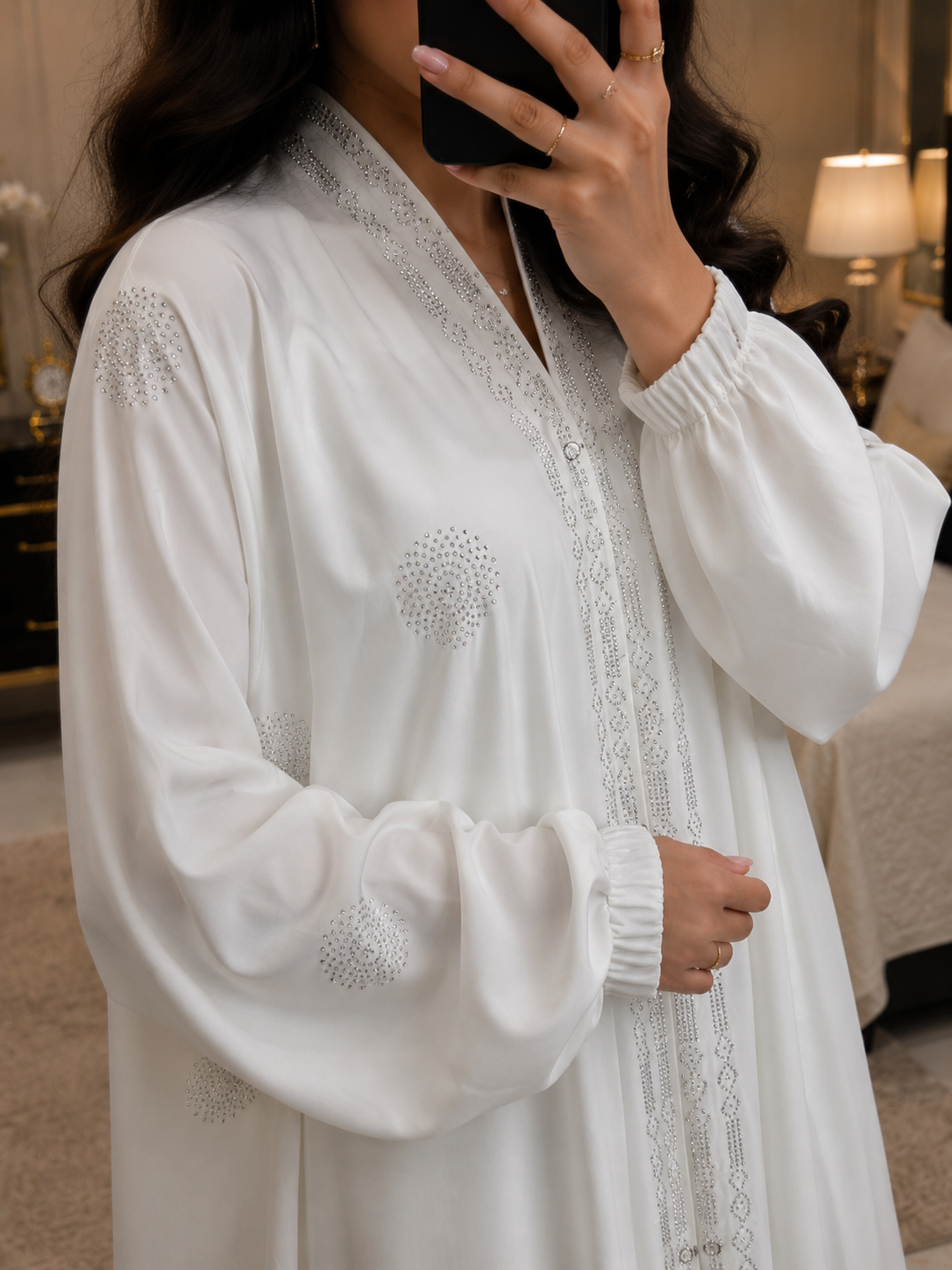 Radiant White Crystal-Embellished Abaya