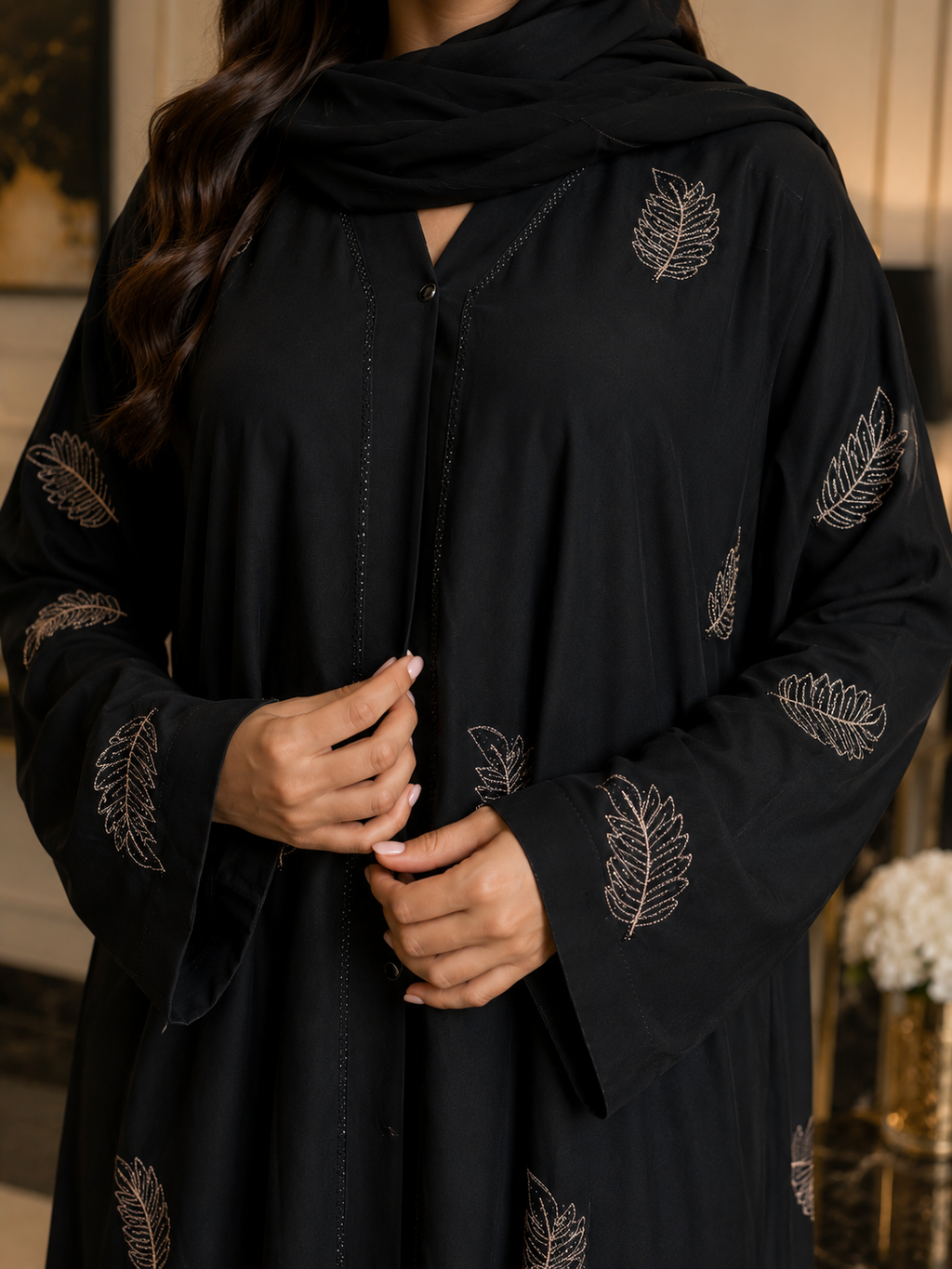 Golden Leaf Embellished Black Abaya