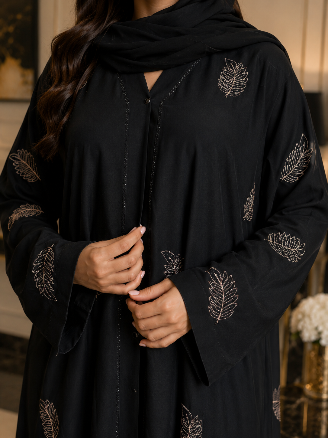 Golden Leaf Embellished Black Abaya