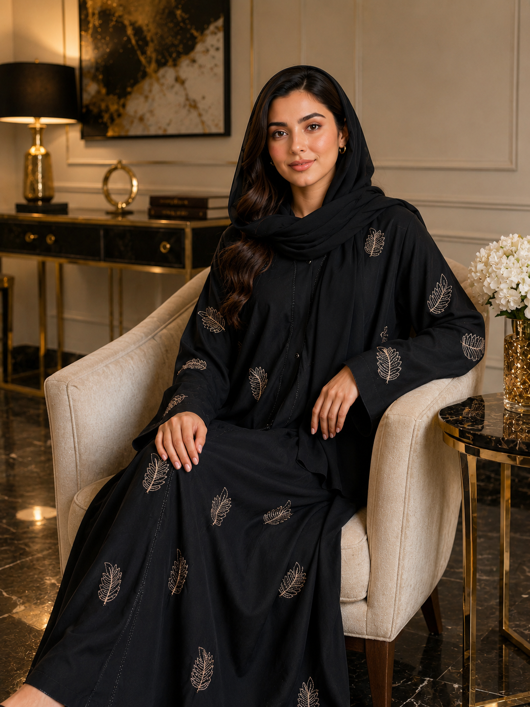 Golden Leaf Embellished Black Abaya