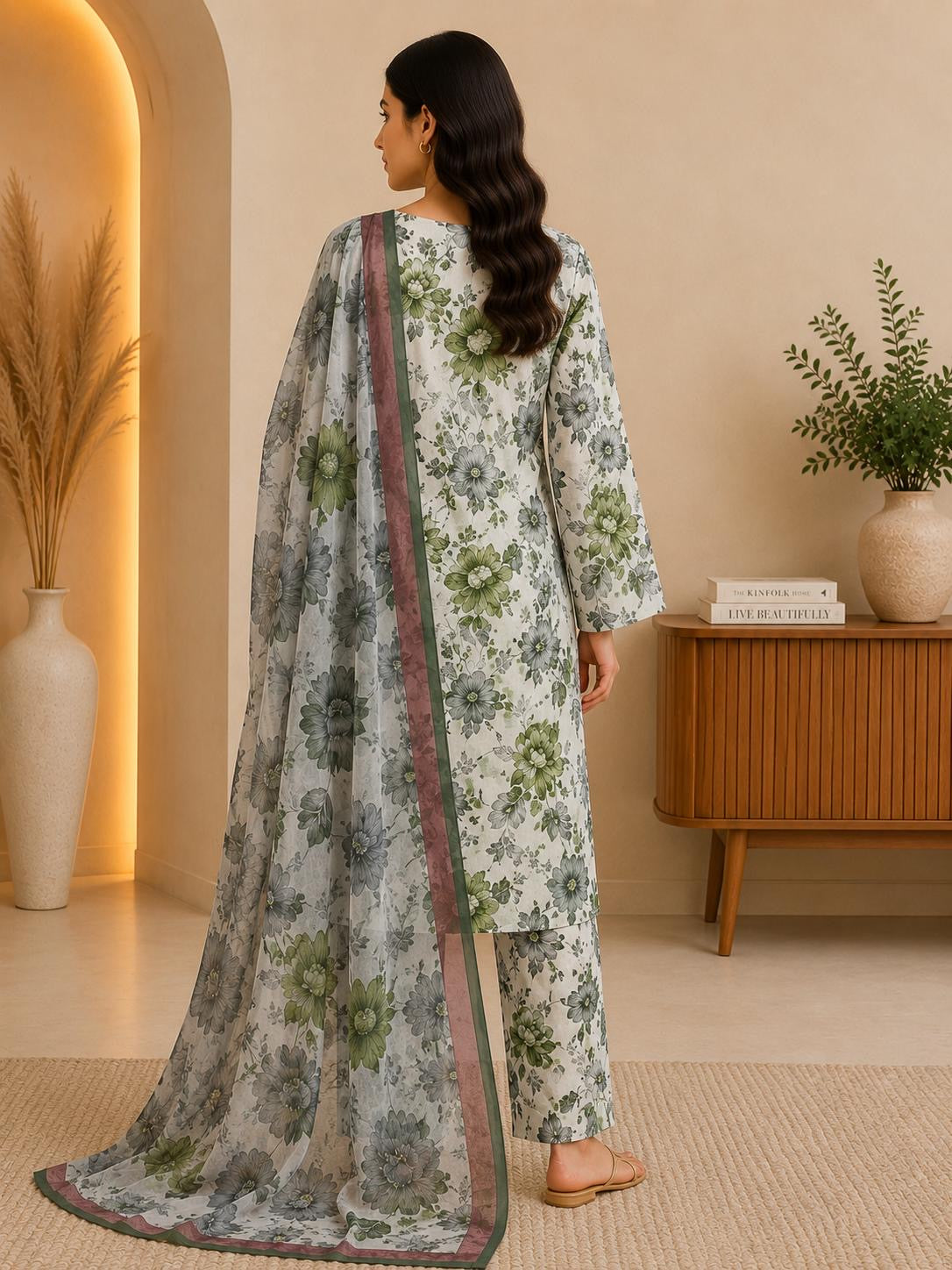 Sage & Gray Floral Printed 3-Piece Stitched Suit