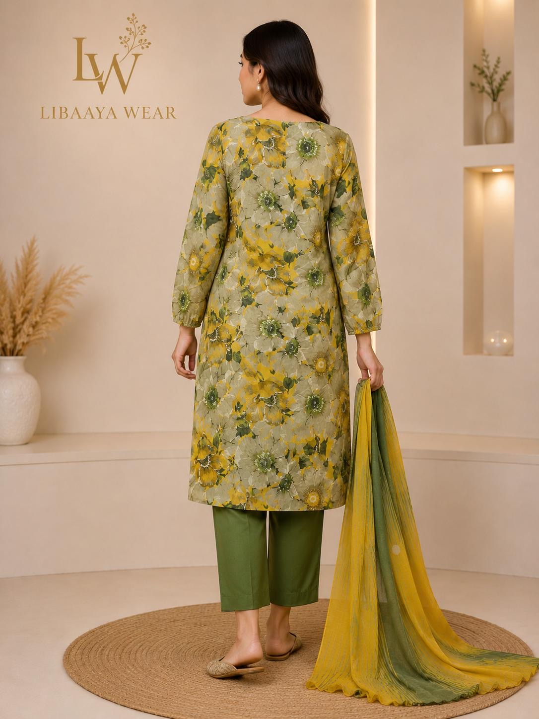 Mustard & Olive Floral Printed 3-Piece Stitched Suit
