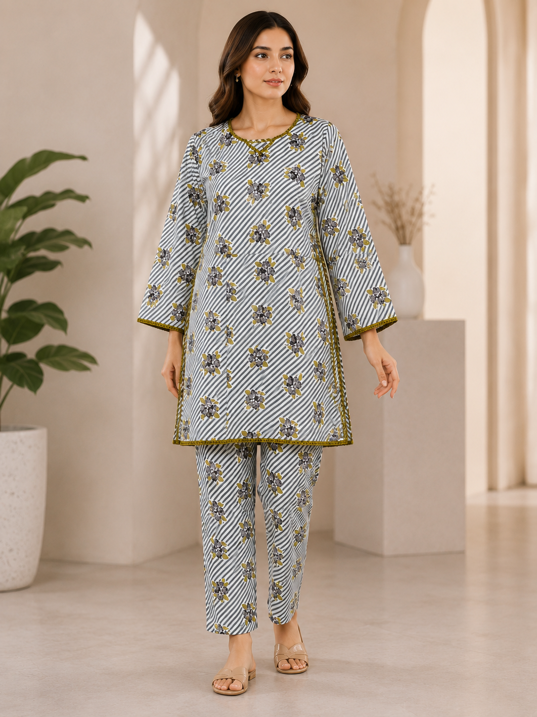 Elegant Floral Printed 2-Piece Cotton Suit for Women | Casual Summer Co-Ord Set