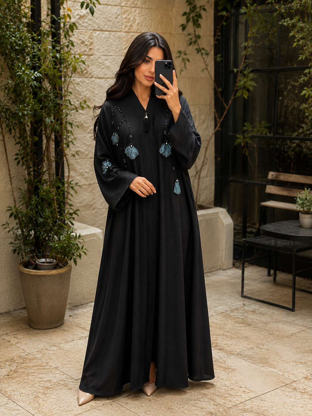 Enchanting Teal-Embellished Black Abaya