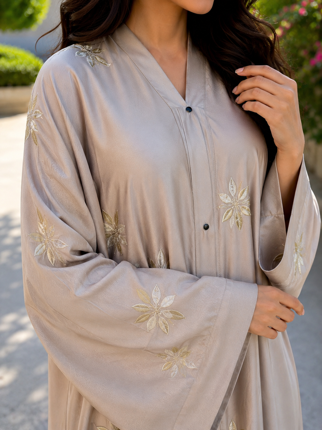 Serene Beige Floral-Embellished Abaya