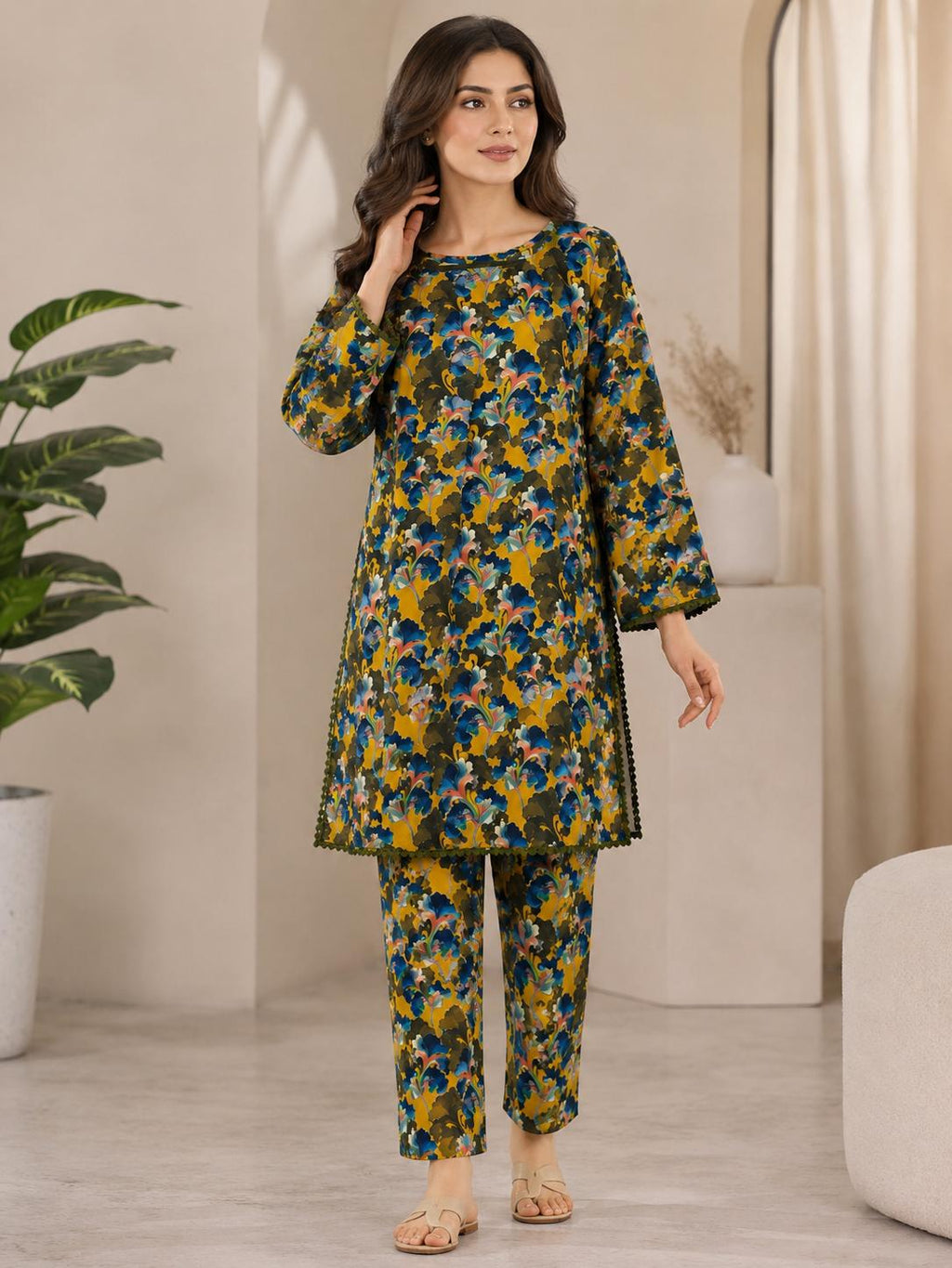 Mustard Floral 2-Piece Stitched Suit