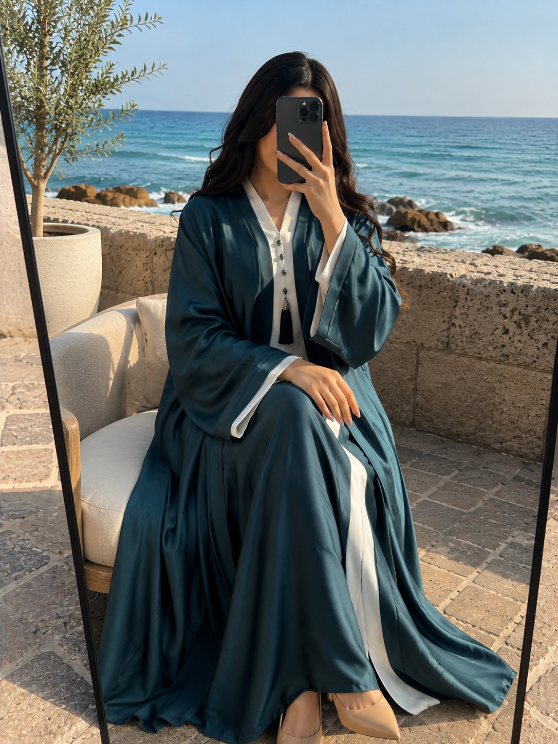Two-Tone Teal & White Elegant Abaya