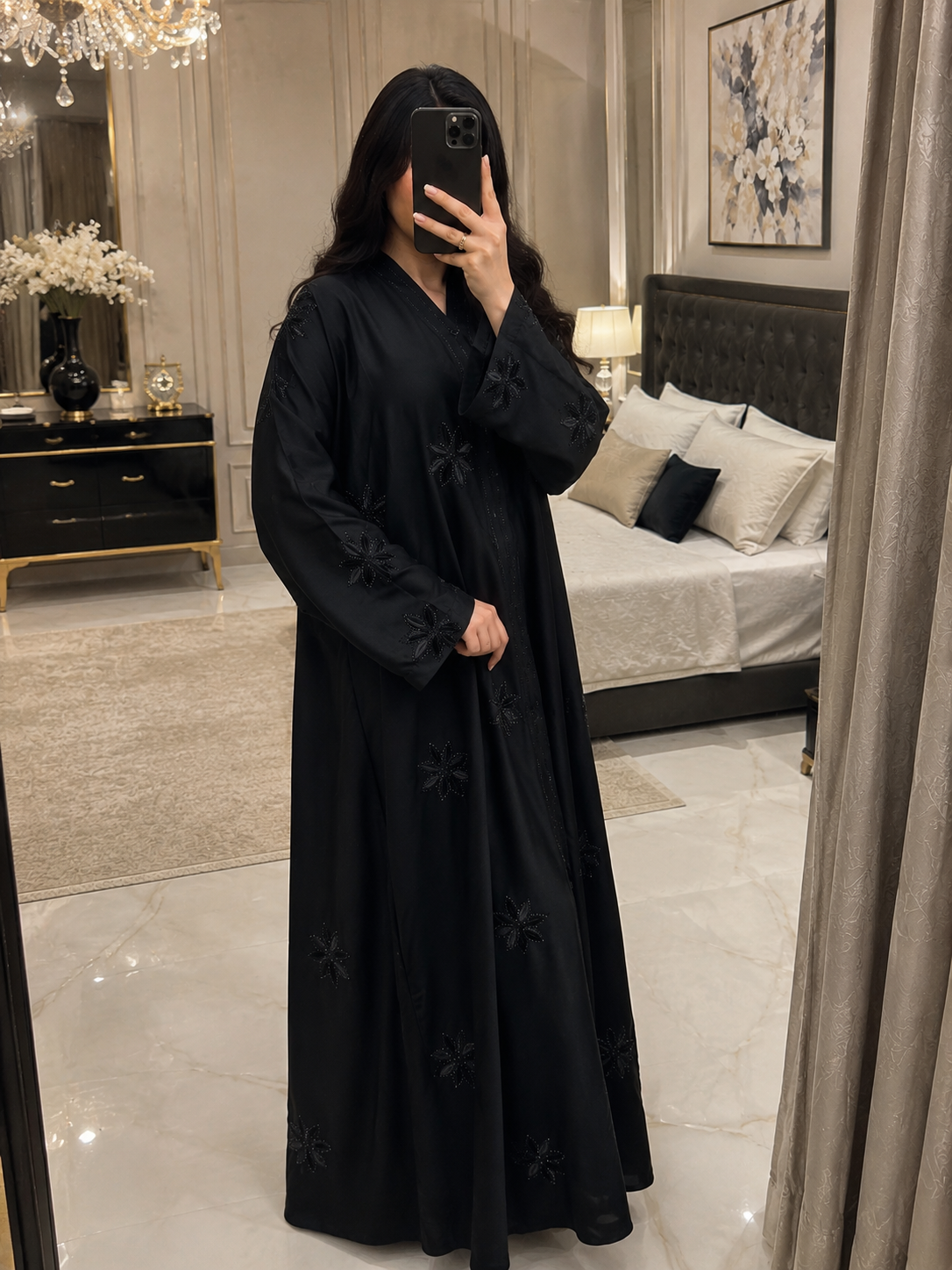 Starry Bloom Embellished Black Abaya
