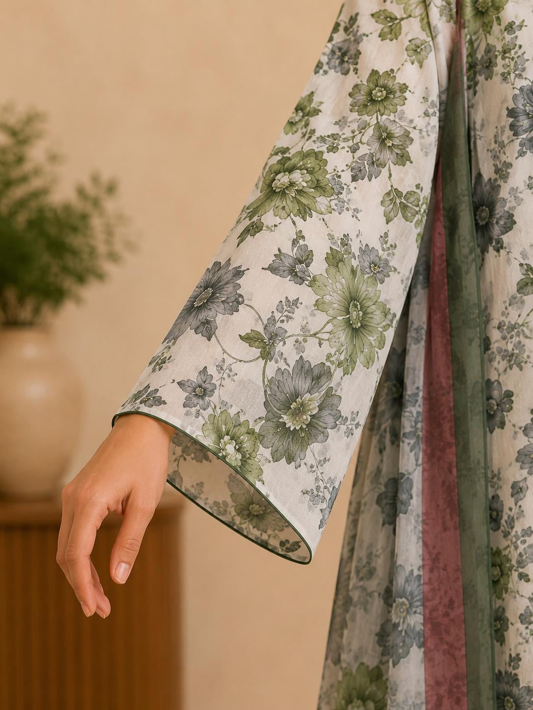 Sage & Gray Floral Printed 3-Piece Stitched Suit