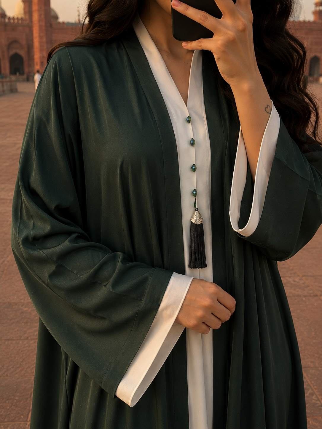 Emerald & Ivory Contrast-Layered Abaya