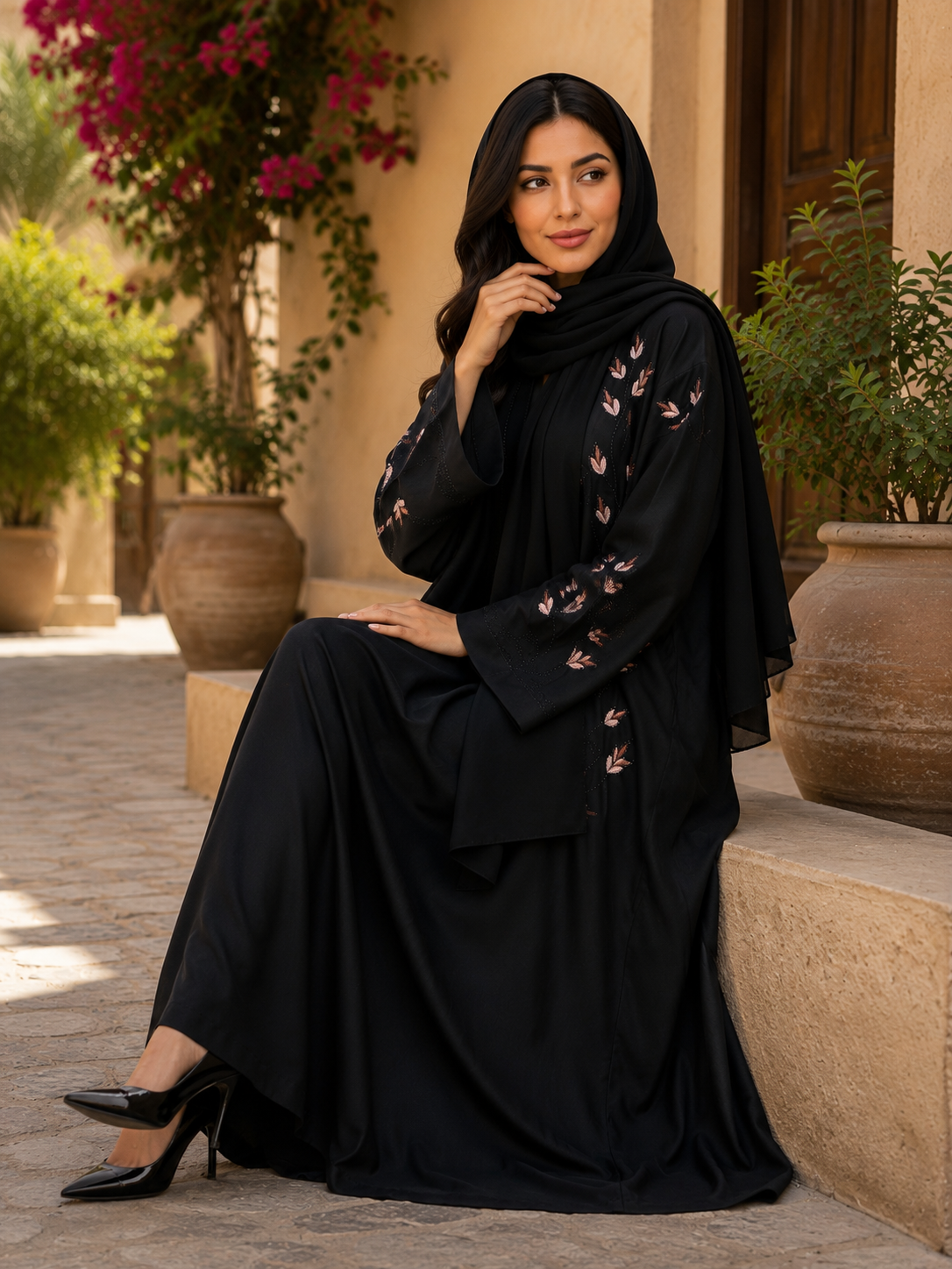 Floral Bloom Embellished Black Abaya